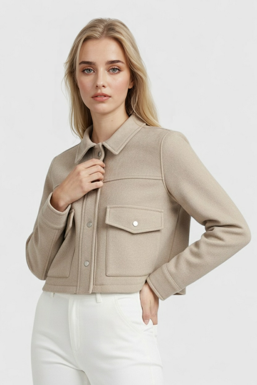 Lumina Wear Victoria elegant autumn jacket with classic button closure in apricot color, stylish and lightweight for fall.