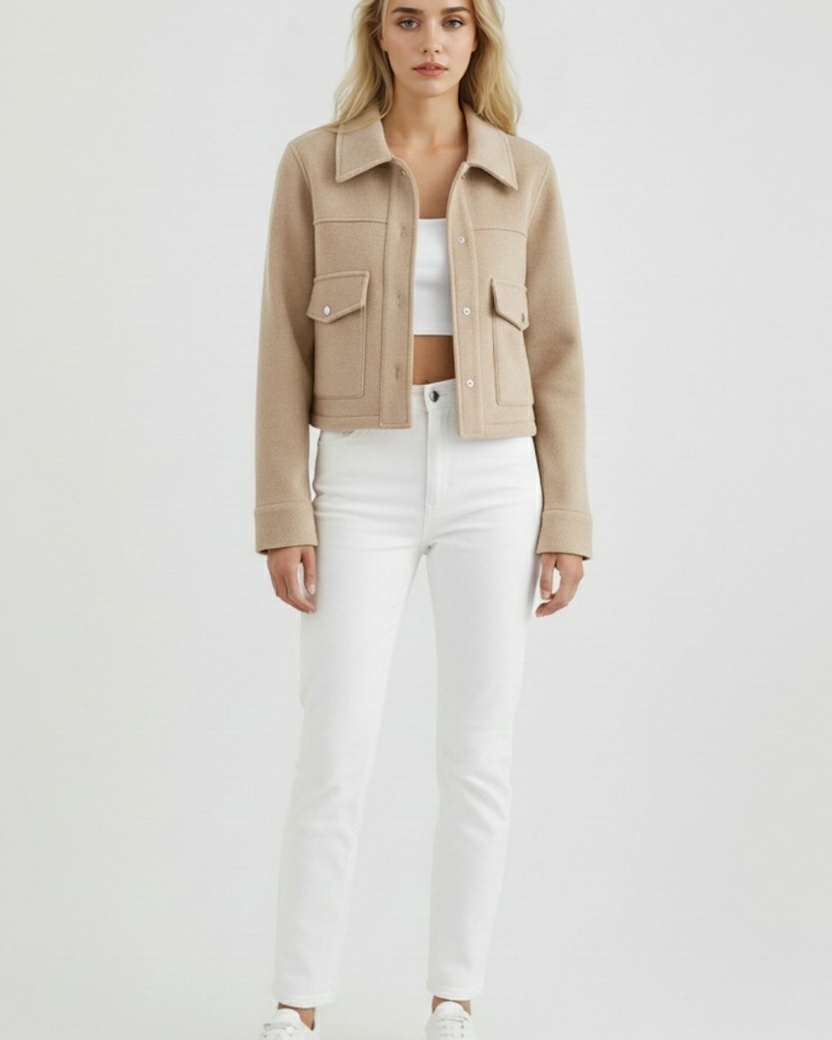 Lumina Wear Victoria elegant autumn jacket with classic button closure in apricot, featuring stylish design and cozy fabric.