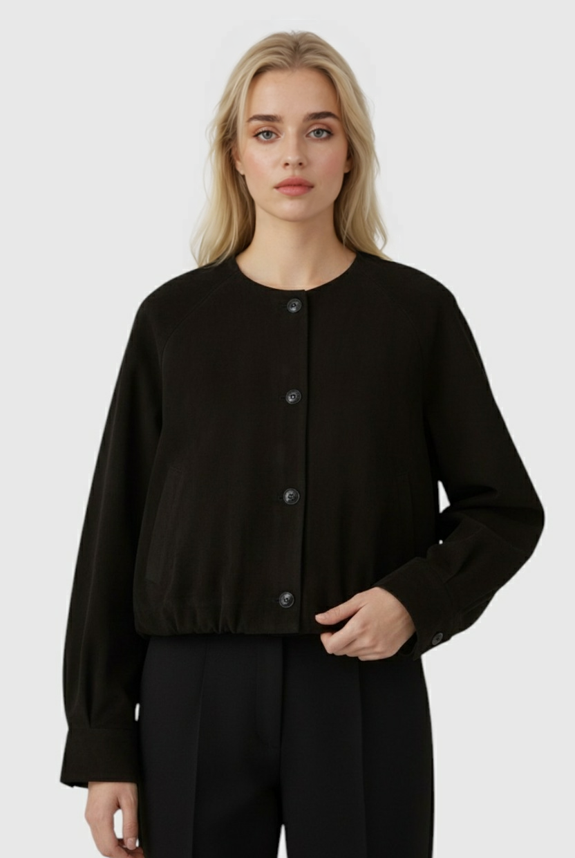 Elegant beige women's short jacket with O-neck and pockets from Lumina Wear, featuring a stylish and versatile design.