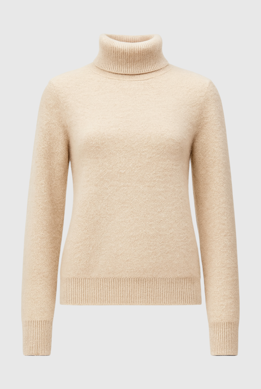Elegant beige Lumina Wear turtleneck sweater for women, slim fit winter sweater with long sleeves and cozy knit fabric.