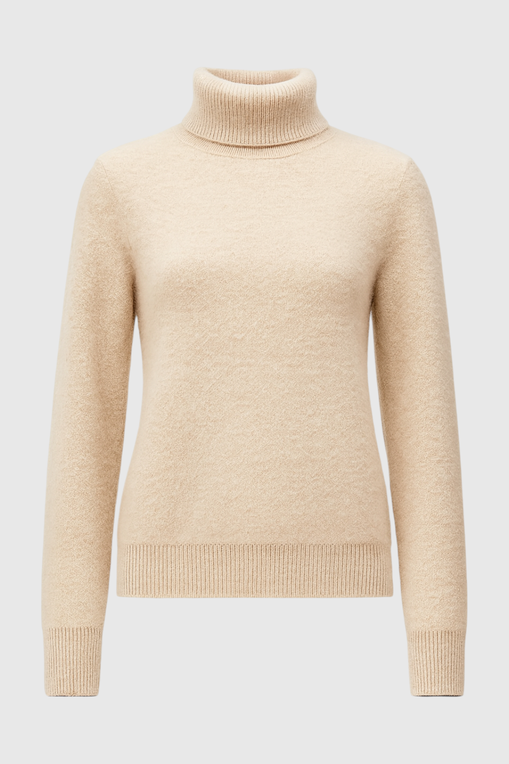 Elegant beige Lumina Wear turtleneck sweater for women, slim fit winter sweater with long sleeves and cozy knit fabric.