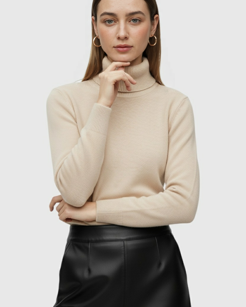 Elegant beige Lumina Wear turtleneck sweater for winter, slim fit design, soft knit fabric, displayed on a mannequin.