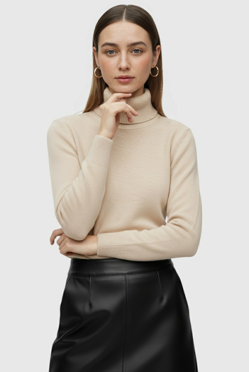 Beige Lumina Wear Victoria slim fit turtleneck sweater for winter, elegant design, close-up of fabric and neckline.