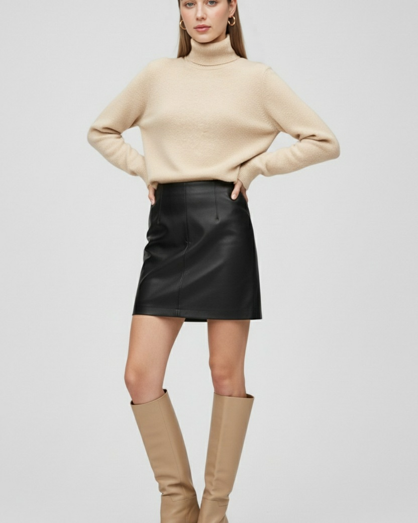 Elegant beige Lumina Wear Victoria slim fit turtleneck sweater for winter, shown on a model with a cozy, stylish look.