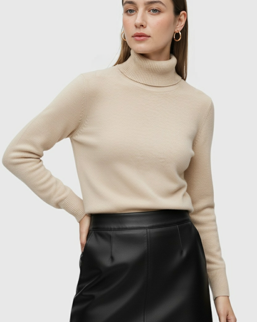 Elegant beige Lumina Wear turtleneck sweater, slim fit winter sweater with long sleeves and cozy knit fabric.