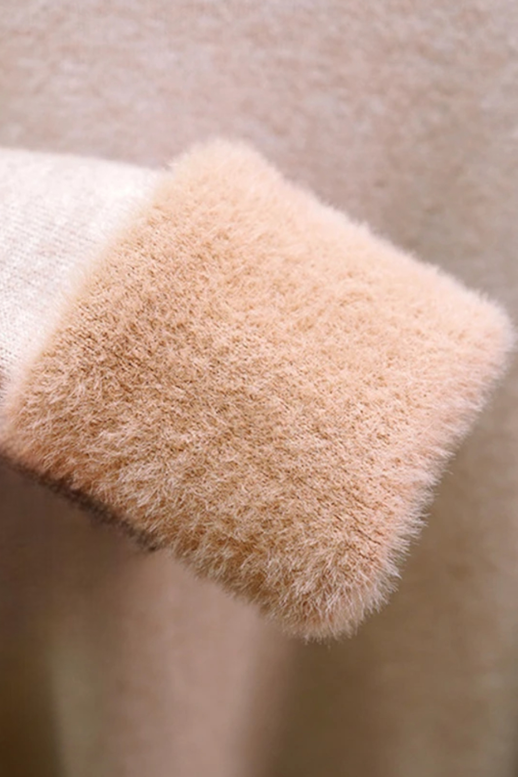 Elegant beige slim fit turtleneck sweater by Lumina Wear, styled for winter, shown on a model.