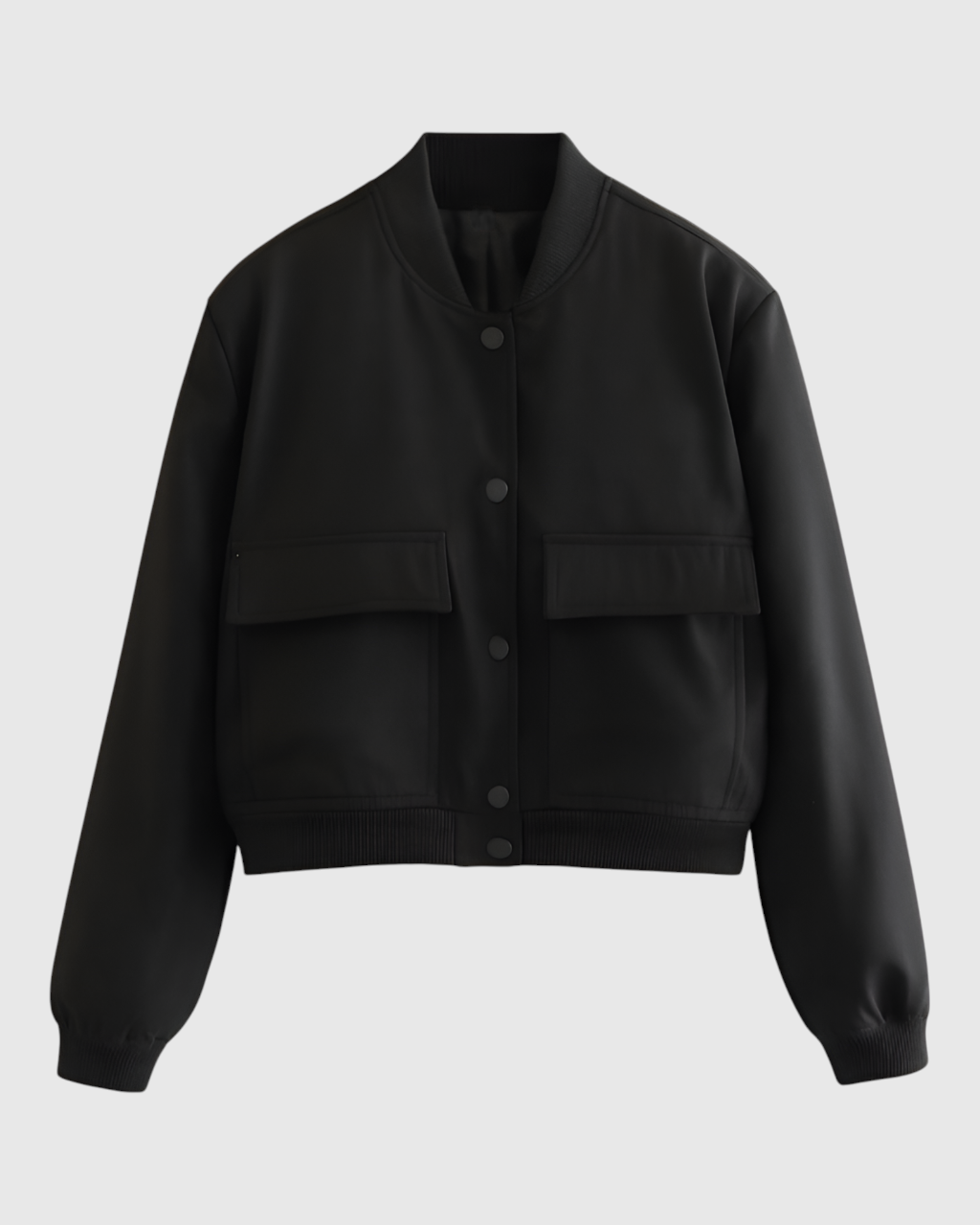Victoria black bomber jacket by Lumina Wear, featuring a sleek, timeless design with a fitted silhouette and stylish details.