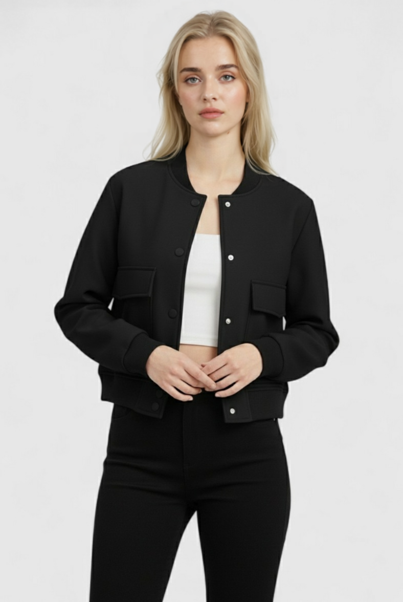 Black Lumina Wear Victoria bomber jacket with a sleek, timeless design, featuring a fitted silhouette and stylish collar.