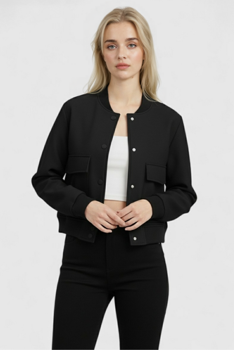 Black Lumina Wear Victoria bomber jacket with a sleek, timeless design, featuring a fitted silhouette and stylish collar.