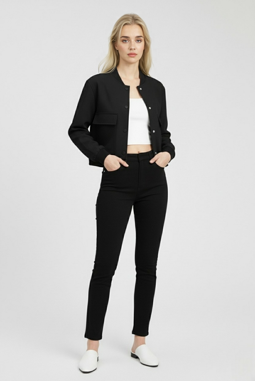 Elegant black bomber jacket from Lumina Wear featuring a timeless design, shown on a model with stylish urban background.