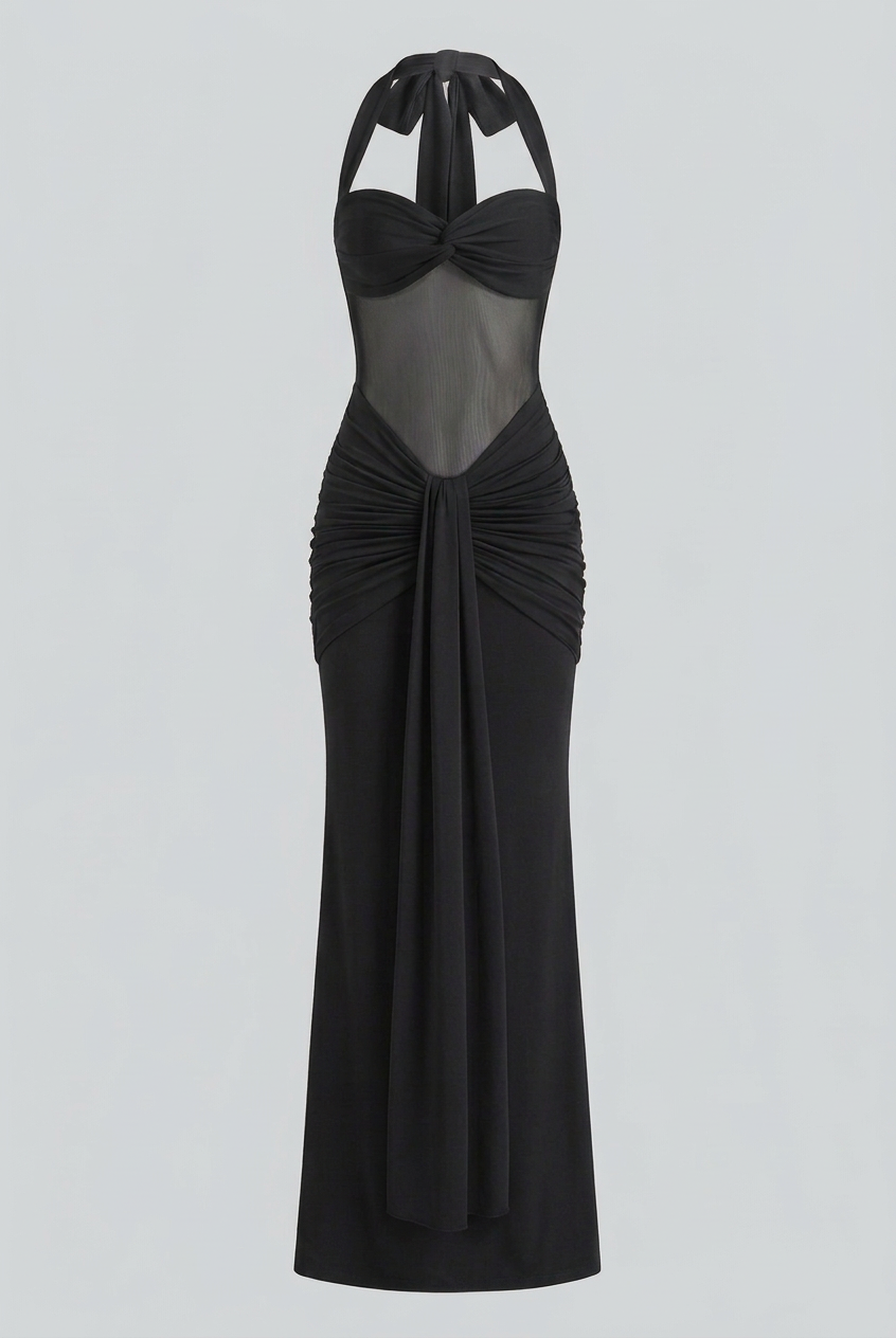 Elegant black halter dress by Lumina Wear featuring a sculpted silhouette, perfect for women’s formal occasions.