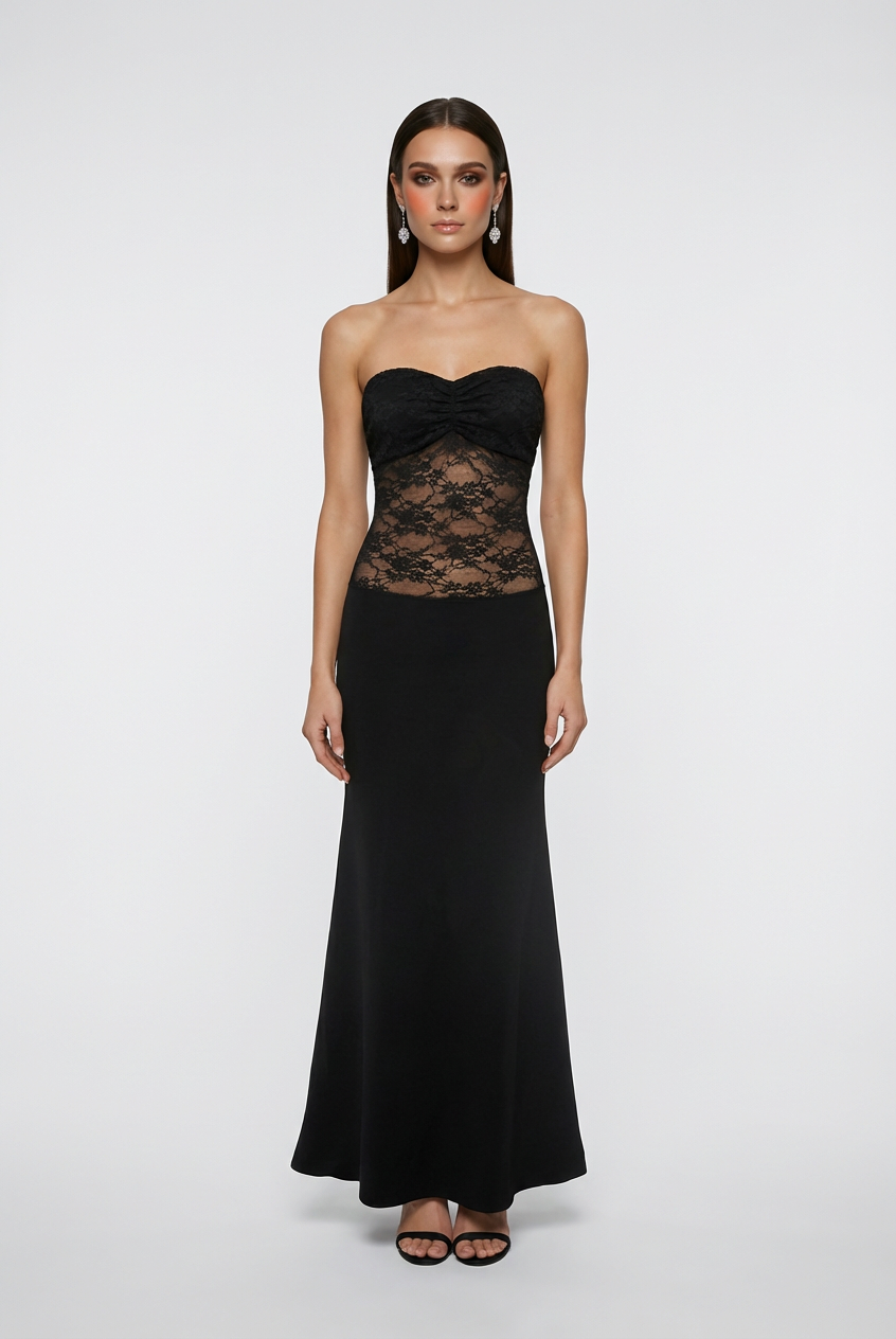 Victoria black lace evening gown with a mermaid hem from Lumina Wear, featuring a fitted silhouette and intricate lace details.