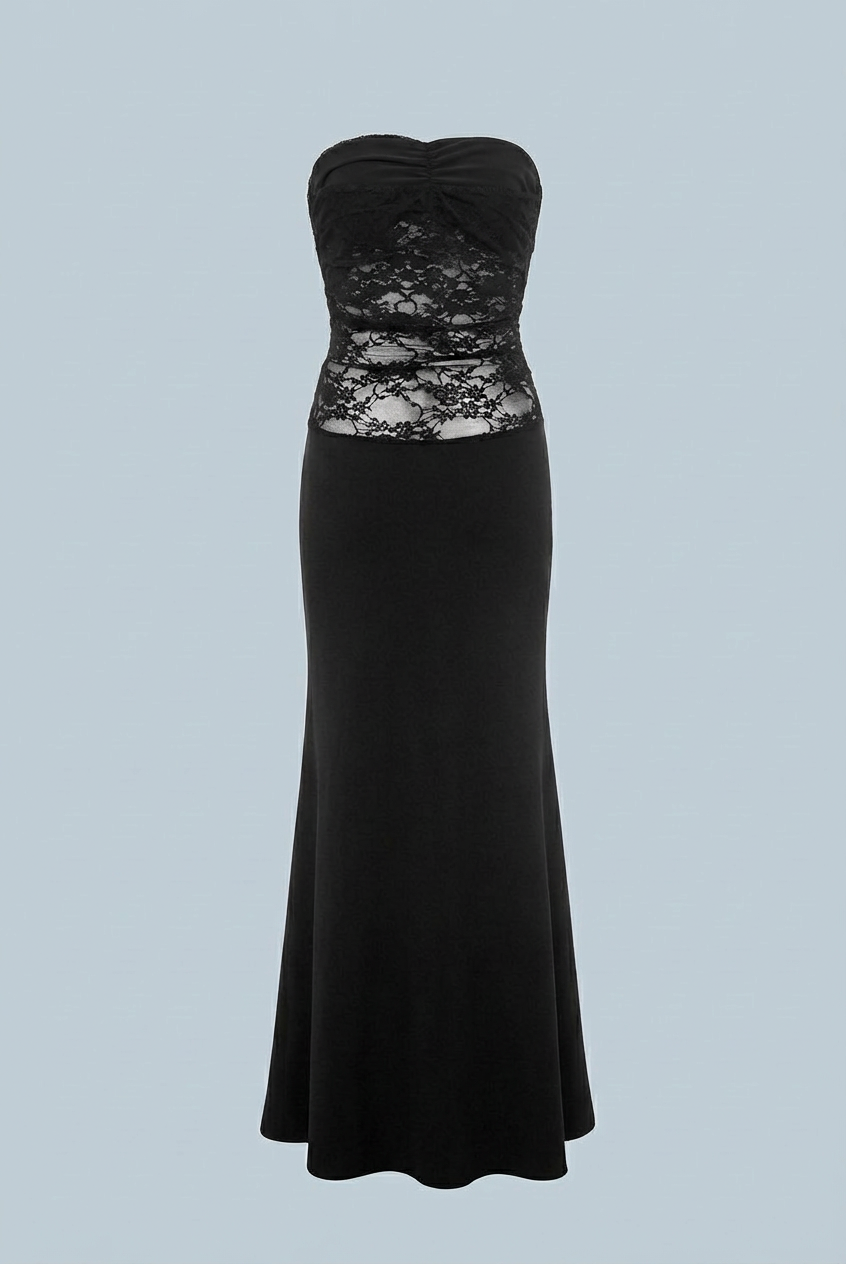 Elegant black lace evening gown with a mermaid hem by Lumina Wear, featuring intricate lace details and a fitted silhouette.