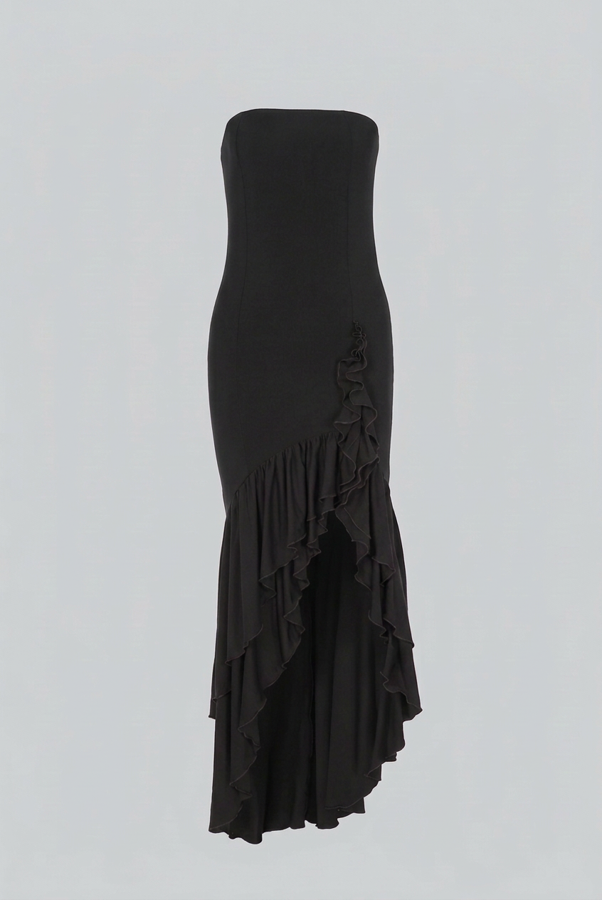 Elegant black Victoria maxi dress with asymmetrical ruffle from Lumina Wear, featuring flowing fabric and stylish design.