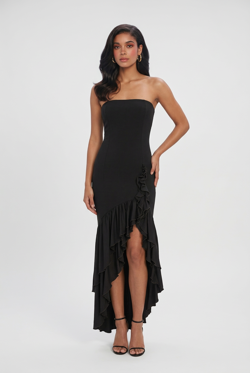 Elegant black maxi dress with asymmetrical ruffle by Lumina Wear, featuring a flowing silhouette and stylish design.