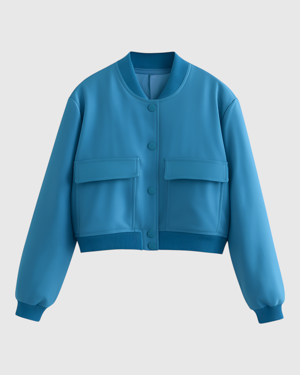 Elegant blue Victoria bomber jacket by Lumina Wear featuring a timeless design, shown on a model with front view.