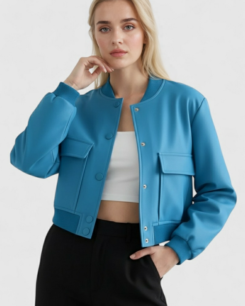 Elegant blue bomber jacket by Lumina Wear, featuring a timeless design and stylish fit, shown on a model.