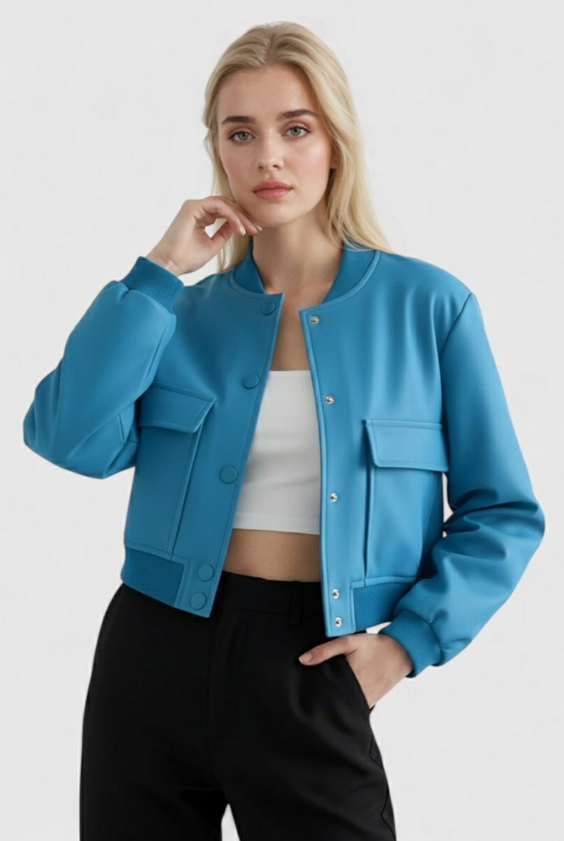 Elegant blue bomber jacket from Lumina Wear featuring a timeless design, shown on a model with stylish detailing.