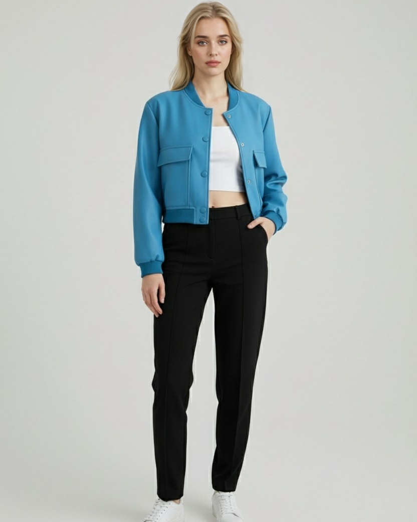 Elegant blue bomber jacket by Lumina Wear featuring a timeless design, shown on a model with stylish details and a modern fit.