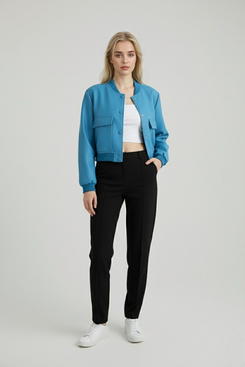Blue Victoria bomber jacket by Lumina Wear, stylish and elegant with a timeless design, showcased on a model.