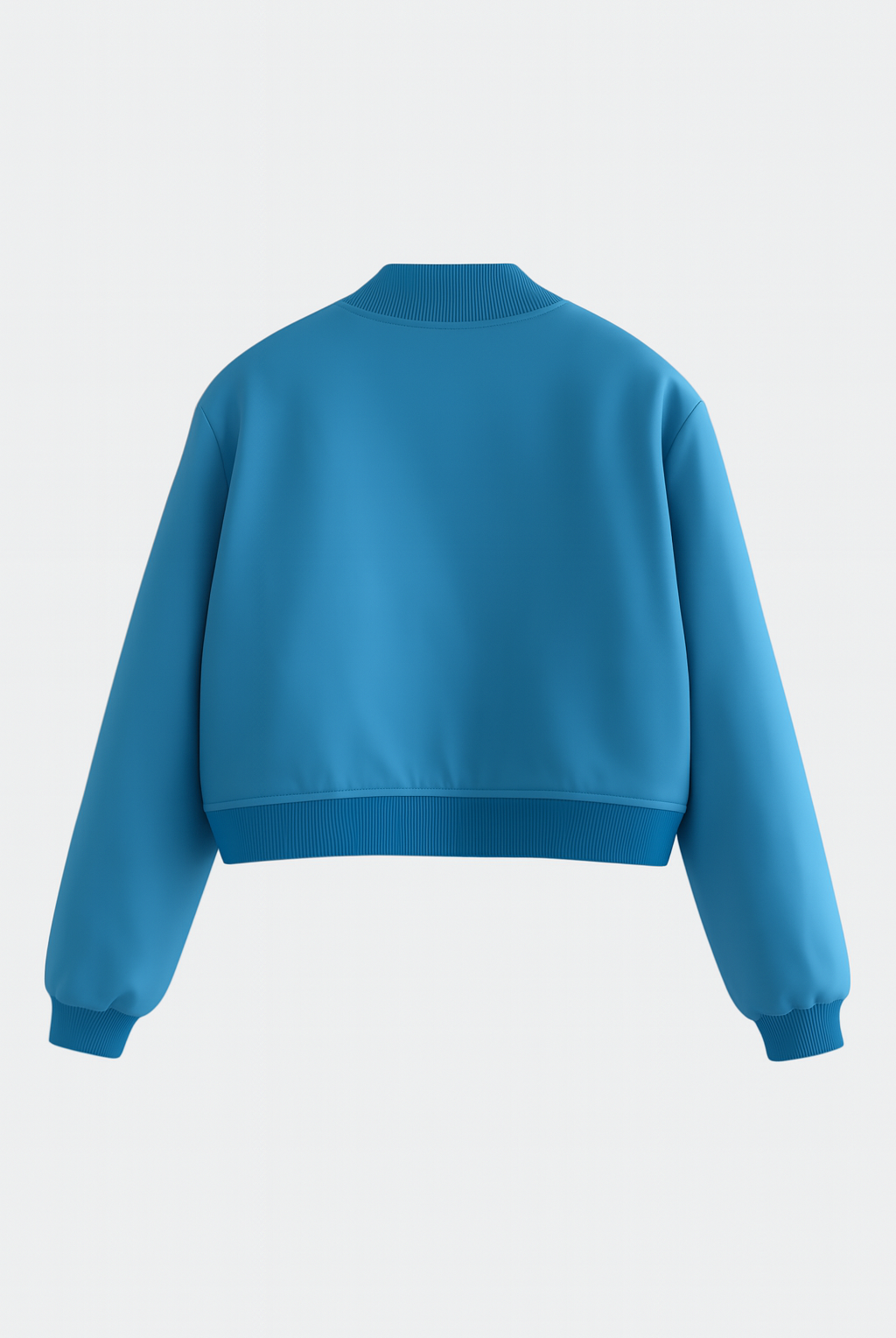 Elegant blue bomber jacket from Lumina Wear featuring a timeless design, shown on a model.