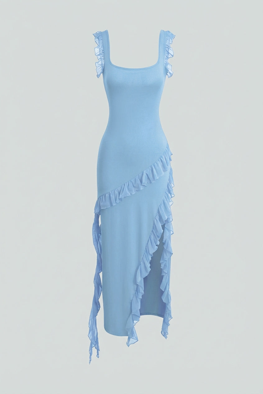 Elegant blue Victoria maxi dress by Lumina Wear featuring a high slit, flowing fabric, and sophisticated evening style.