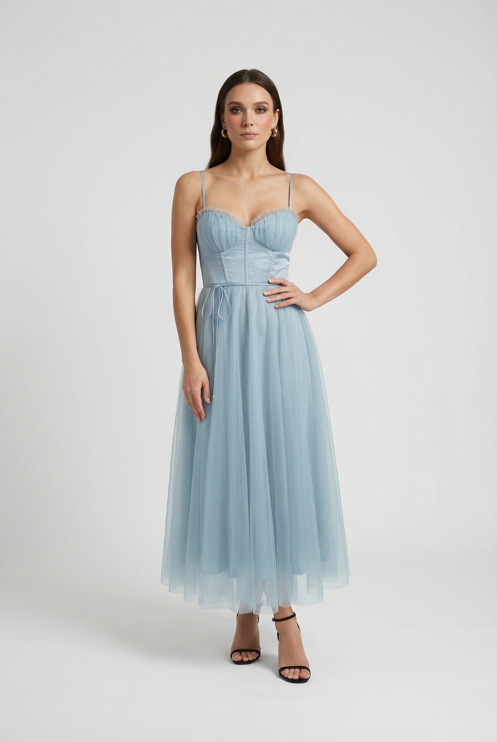 Elegant blue midi wedding guest dress by Lumina Wear, featuring a flattering silhouette and stylish design.
