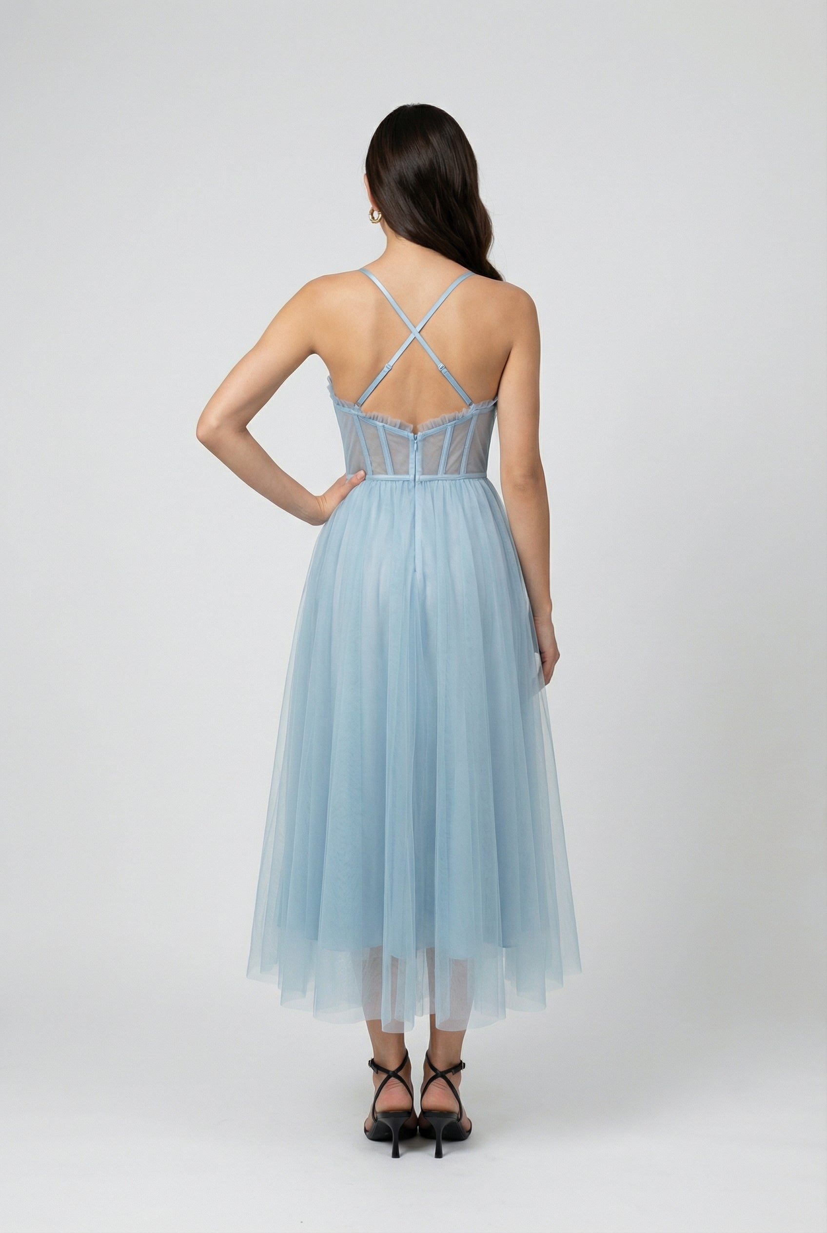 Elegant blue midi wedding guest dress by Lumina Wear featuring a flattering silhouette and sophisticated design.