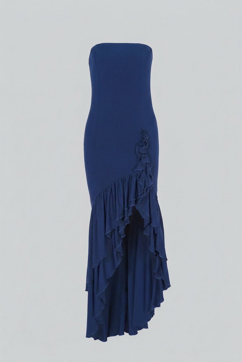 Elegant blue strapless dress with asymmetrical ruffle by Lumina Wear, featuring a fitted silhouette and stylish design.