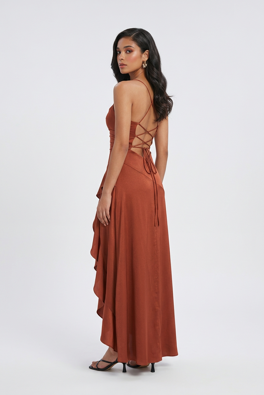 Victoria brick red dress with lace-up back by Lumina Wear, featuring elegant design and fitted silhouette.