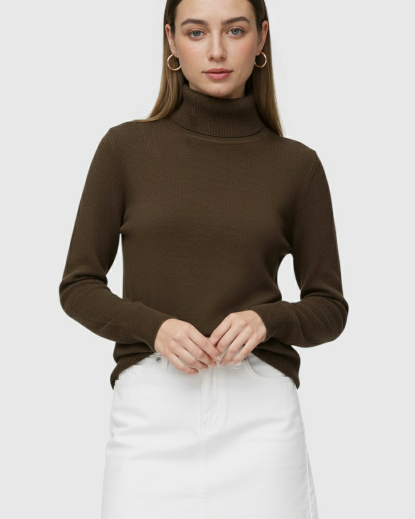 Elegant brown turtleneck sweater by Lumina Wear featuring a slim fit and velvety finish, perfect for stylish winter wear.