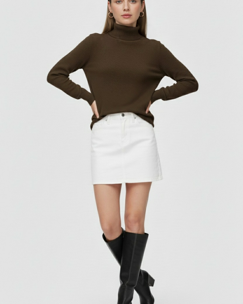 Elegant brown turtleneck sweater from Lumina Wear, featuring a slim fit and velvety finish, styled for a sophisticated look.