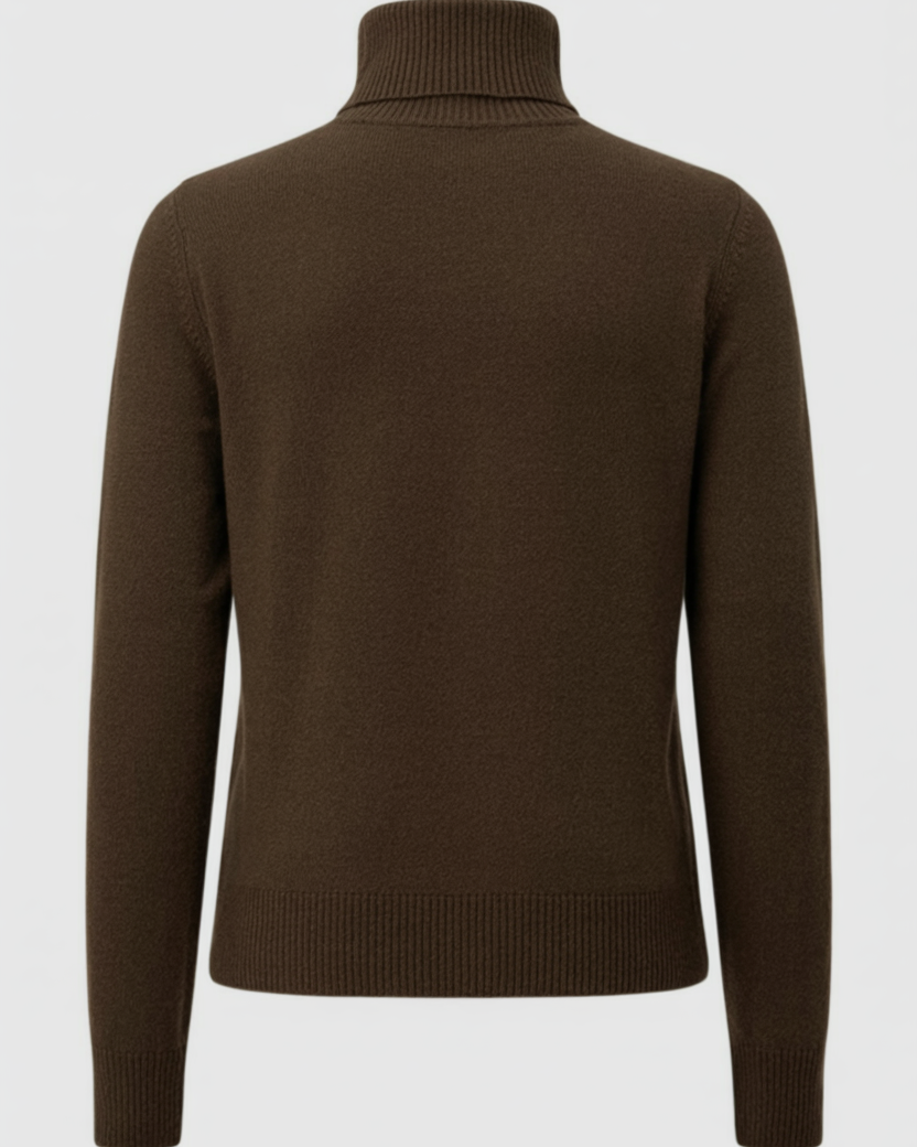Elegant brown turtleneck sweater by Lumina Wear featuring a velvety finish and slim fit, styled on a model.