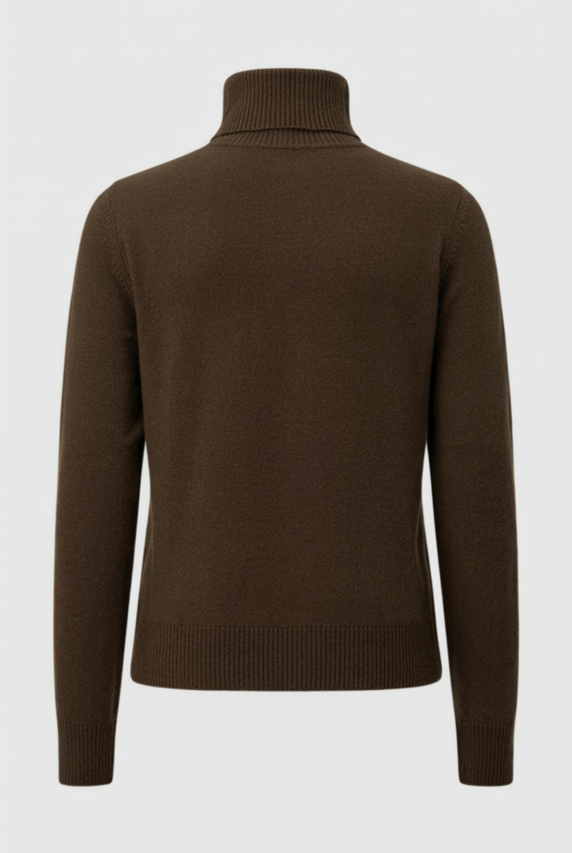 Elegant brown turtleneck sweater by Lumina Wear featuring a slim fit, showcased on a neutral background.