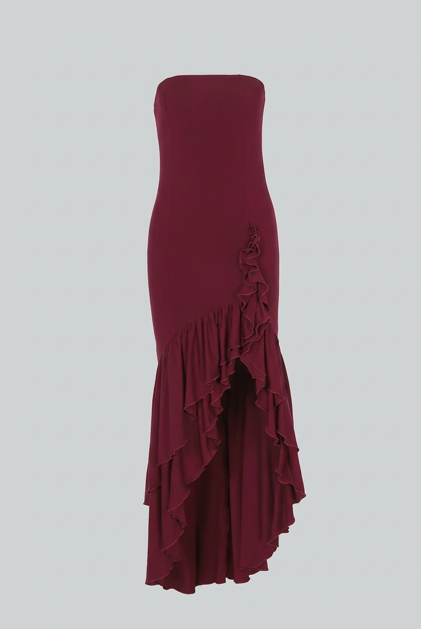 Elegant burgundy strapless dress with asymmetrical ruffle from Lumina Wear, featuring a fitted silhouette and stylish design.