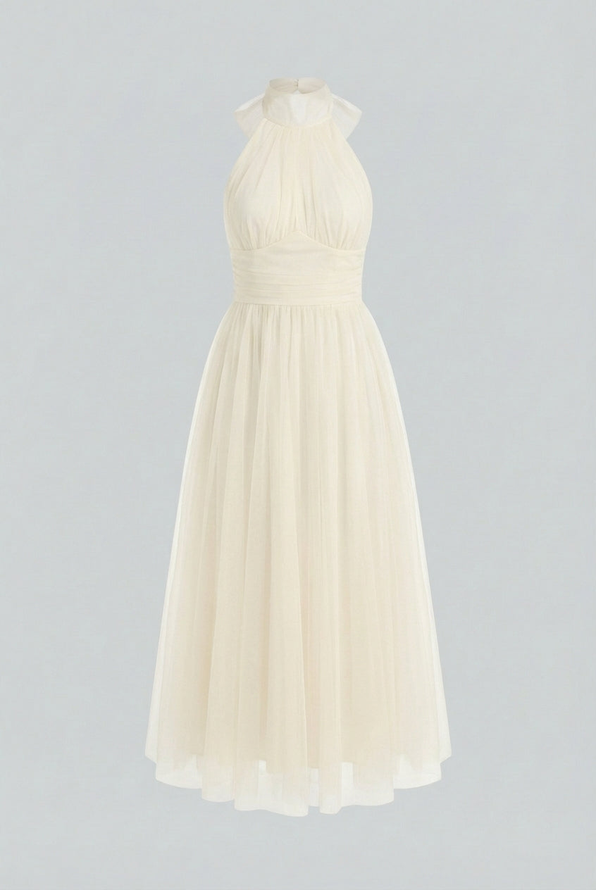 Elegant cream Victoria midi dress by Lumina Wear featuring a flowy design and midi length, perfect for stylish occasions.