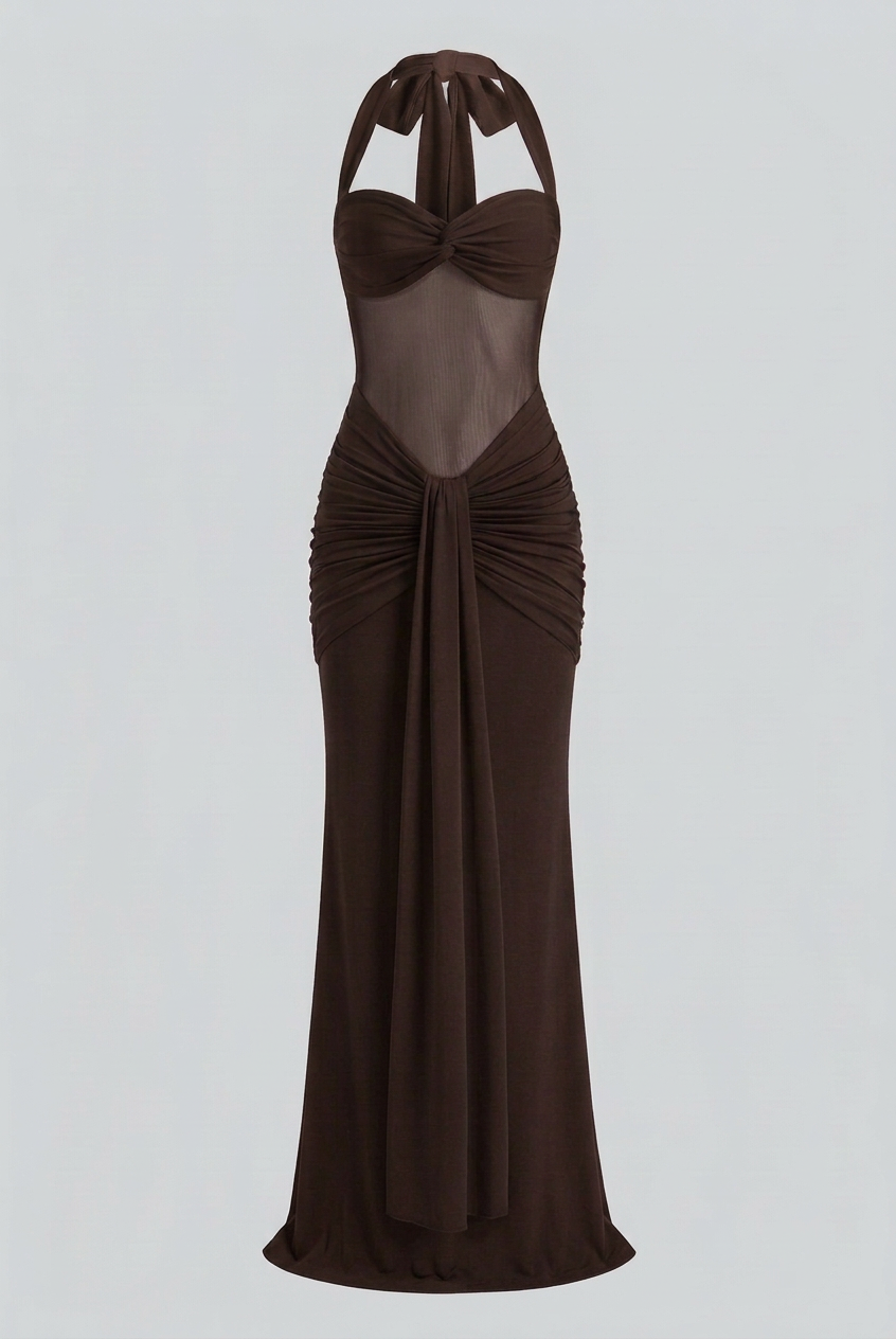 Dark brown halter cocktail dress from Lumina Wear featuring an elegant silhouette and flattering fit, perfect for formal occasions.