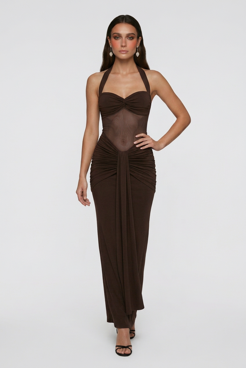 Elegant dark brown halter cocktail dress by Lumina Wear, showcasing a flattering silhouette and stylish design.