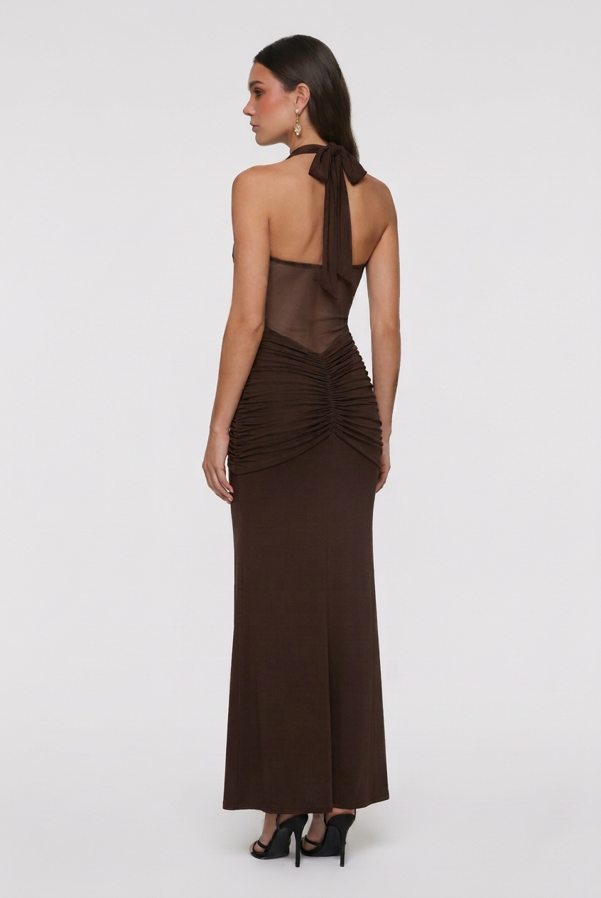 Dark brown Victoria halter cocktail dress by Lumina Wear featuring an elegant silhouette and flattering fit.