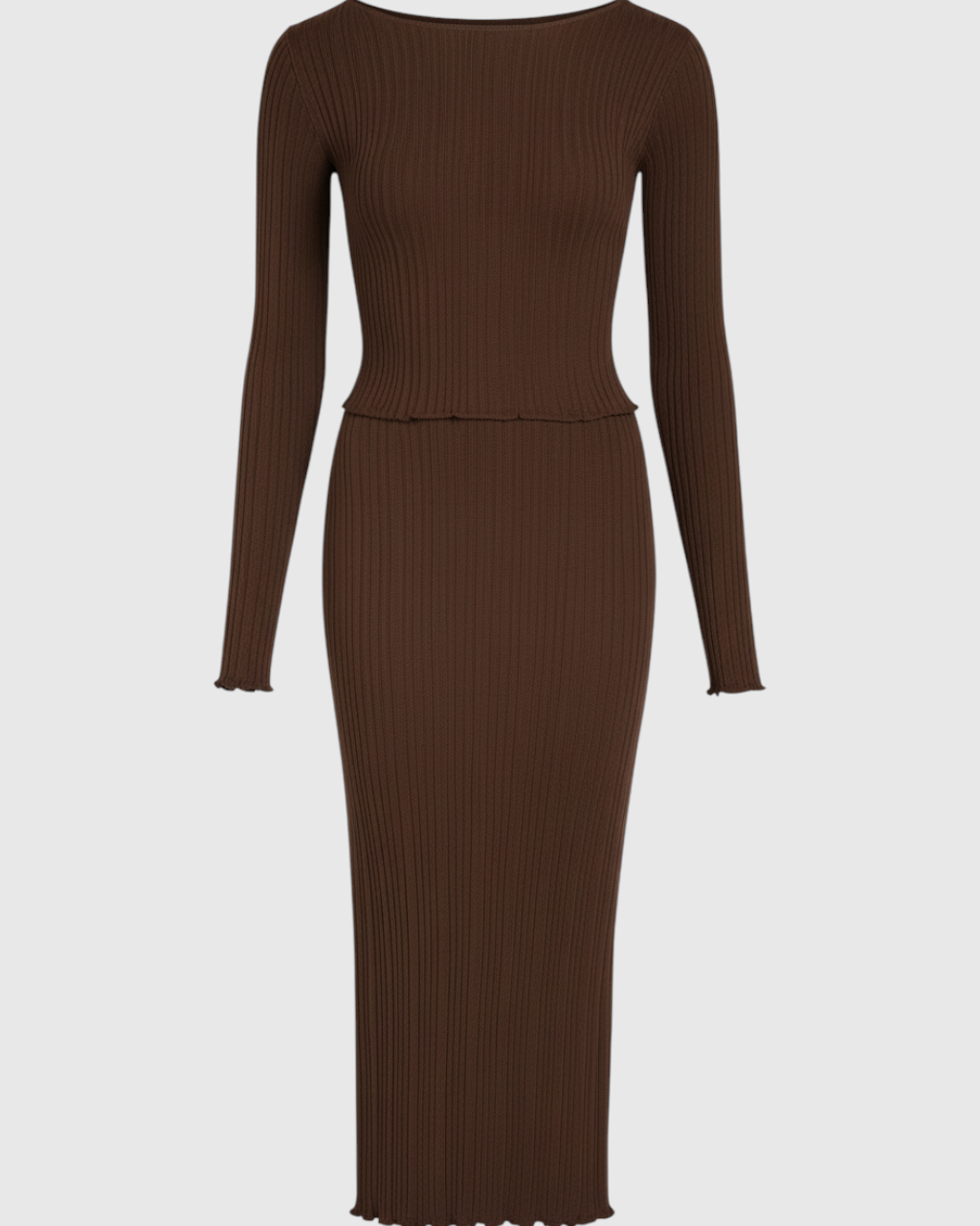 Elegant dark brown maxi skirt set by Lumina Wear featuring a flattering fit and stylish design, perfect for sophisticated looks.