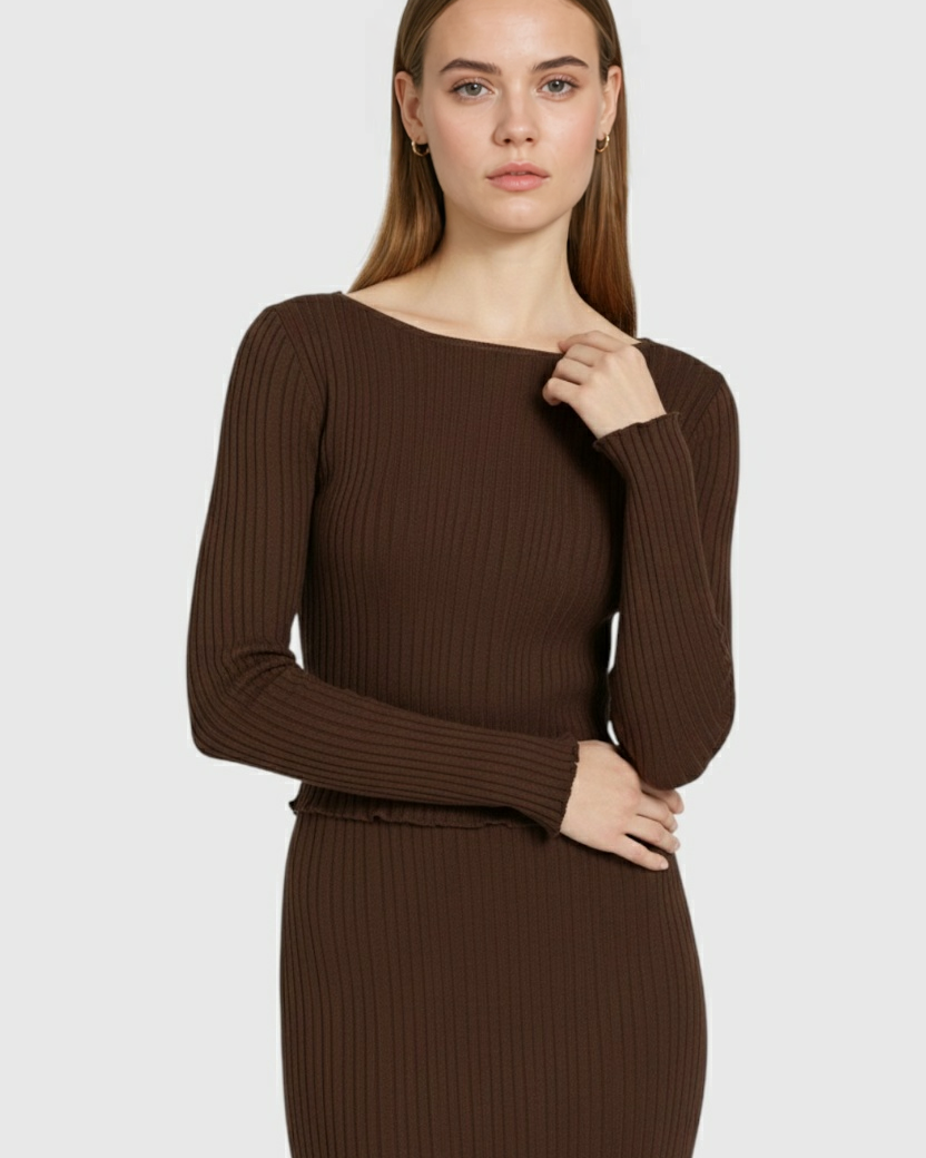 Elegant dark brown maxi skirt set by Lumina Wear featuring a flattering fit, including a long skirt and matching top.
