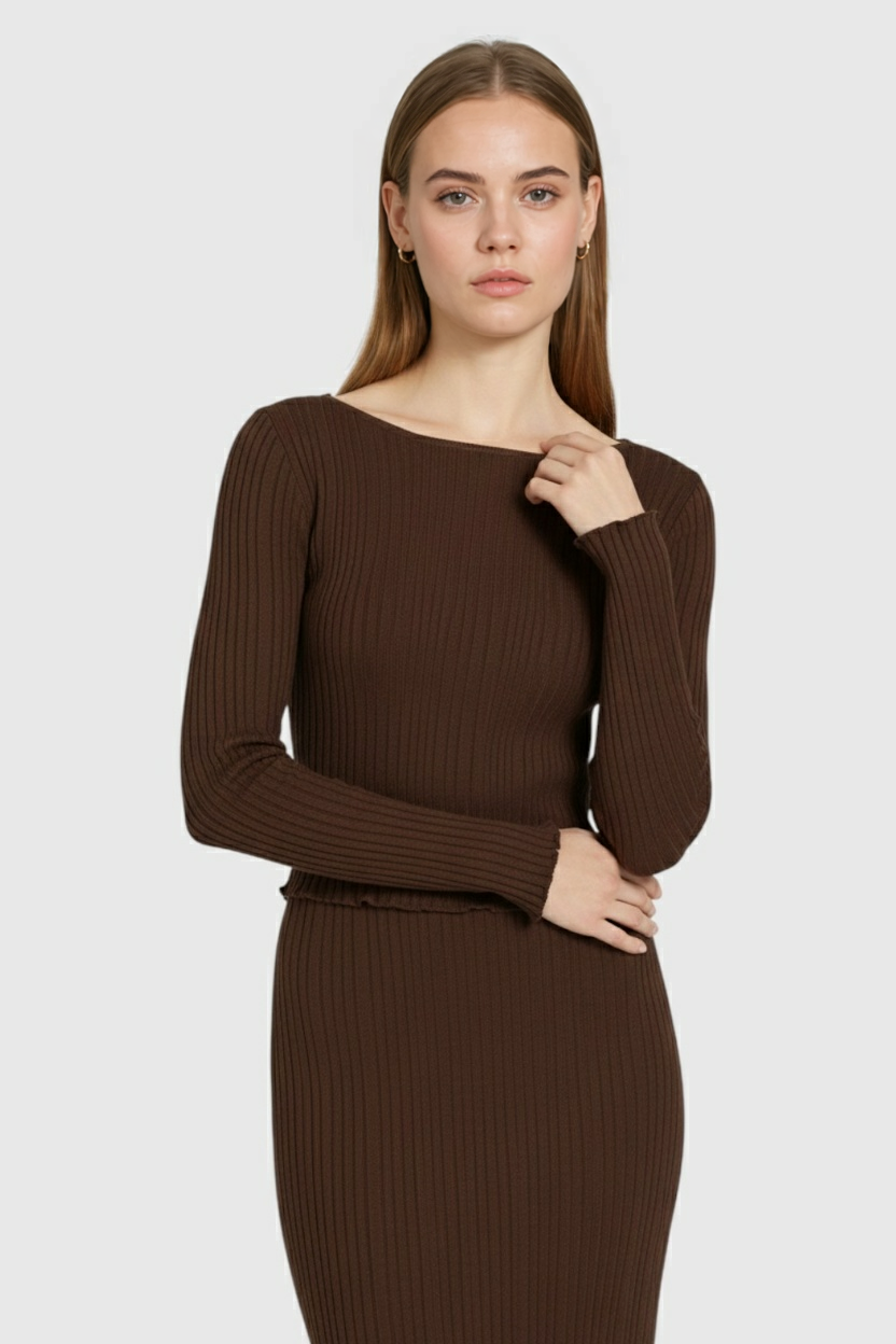 Elegant dark brown maxi skirt set by Lumina Wear featuring a flattering fit and stylish design, perfect for a sophisticated look.