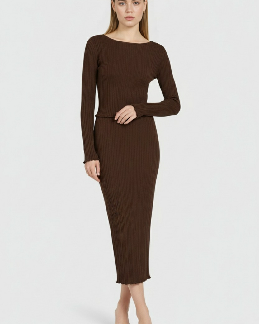Elegant dark brown maxi skirt set by Lumina Wear featuring a flattering fit, perfect for stylish and sophisticated looks.