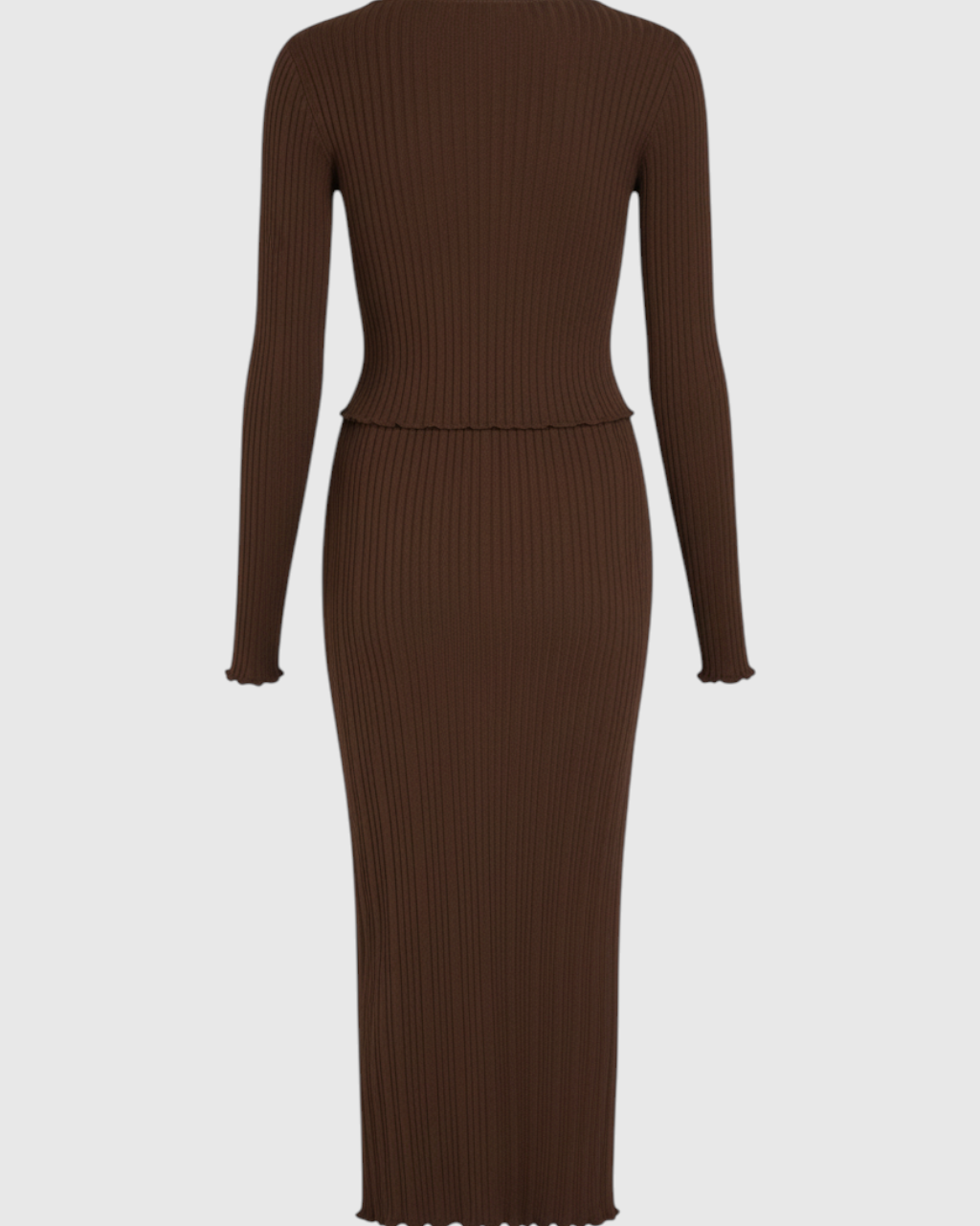 Elegant dark brown maxi skirt set by Lumina Wear, featuring a flattering fit and stylish design in the product image.