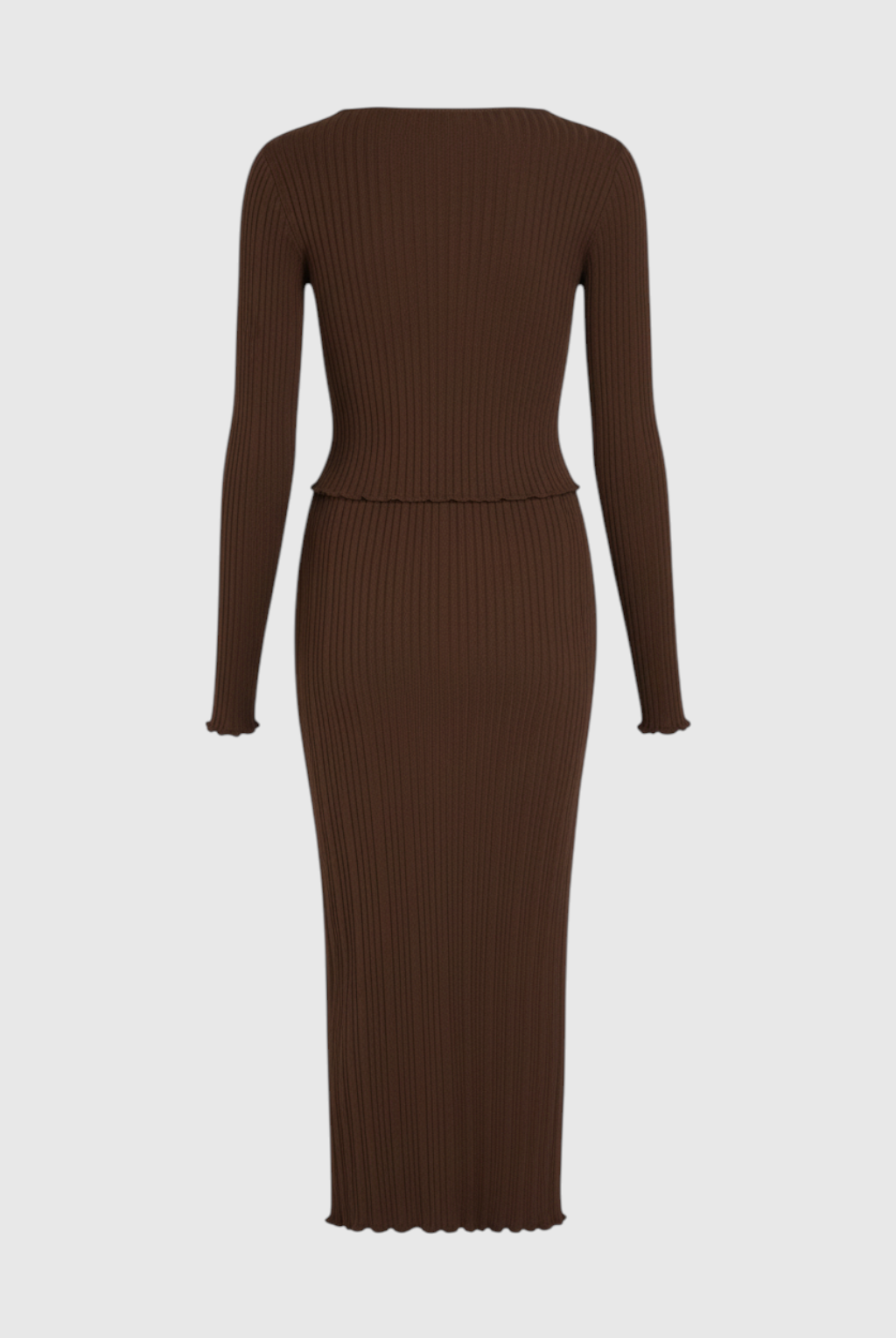 Elegant dark brown maxi skirt set by Lumina Wear featuring a flattering fit, perfect for stylish, comfortable wardrobe wear.