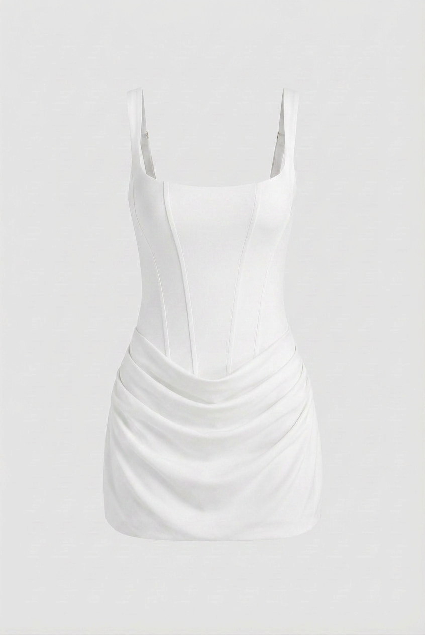 Elegant white Victoria mini dress by Lumina Wear featuring draped fabric and hourglass silhouette for women's fashion.