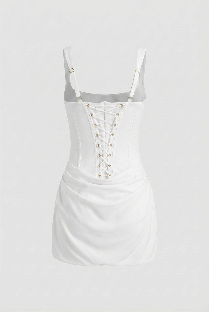White Victoria Lumina Wear elegant draped mini dress showcasing an hourglass silhouette for women's fashion.
