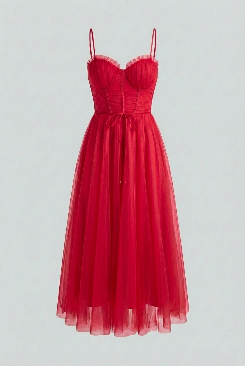 Red Victoria Lumina Wear elegant flowy A-line midi dress displayed on a hanger, showcasing its stylish silhouette and vibrant color.