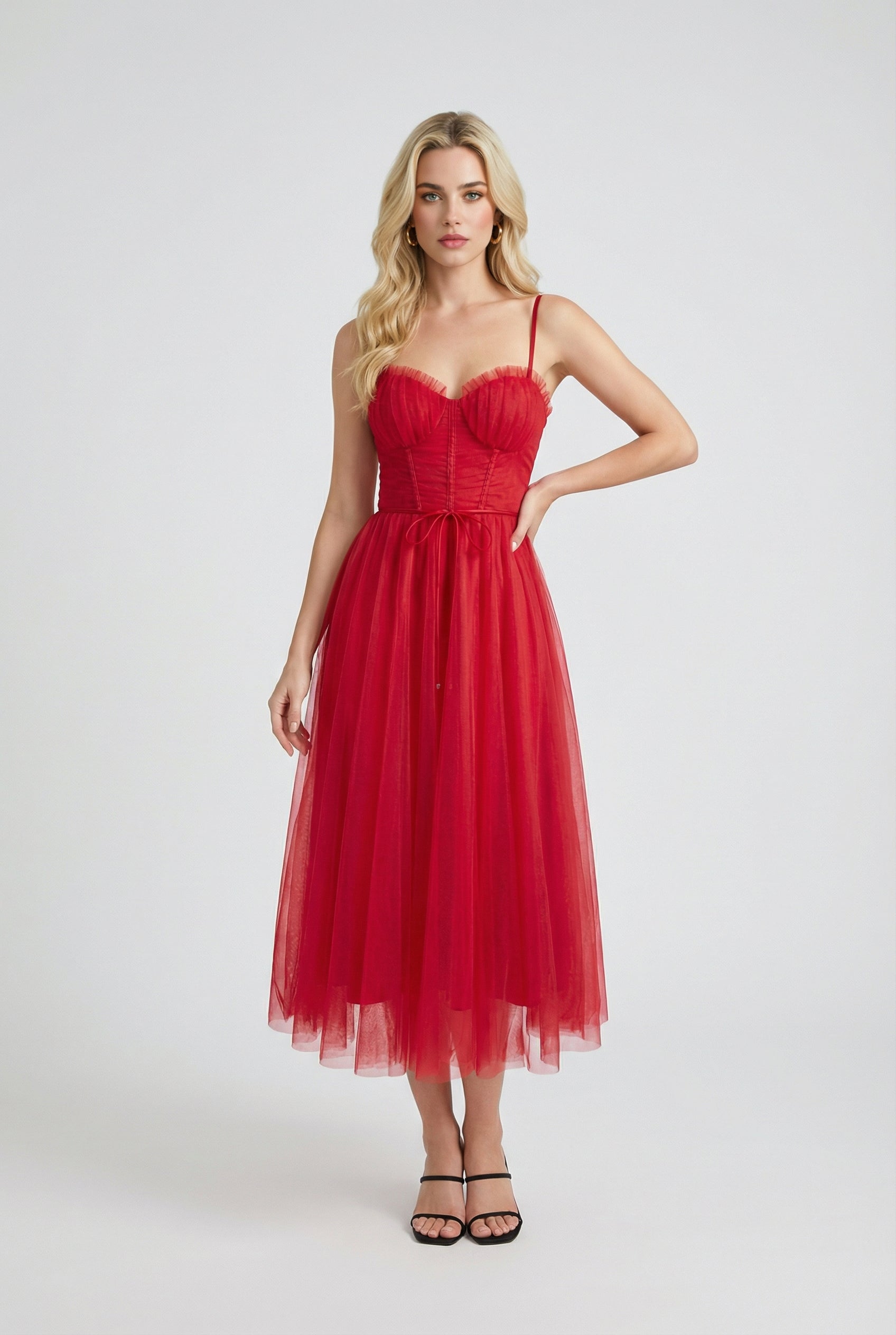 Red Victoria Lumina Wear elegant flowy A-line midi dress, showcased with a fitted bodice and flared skirt.