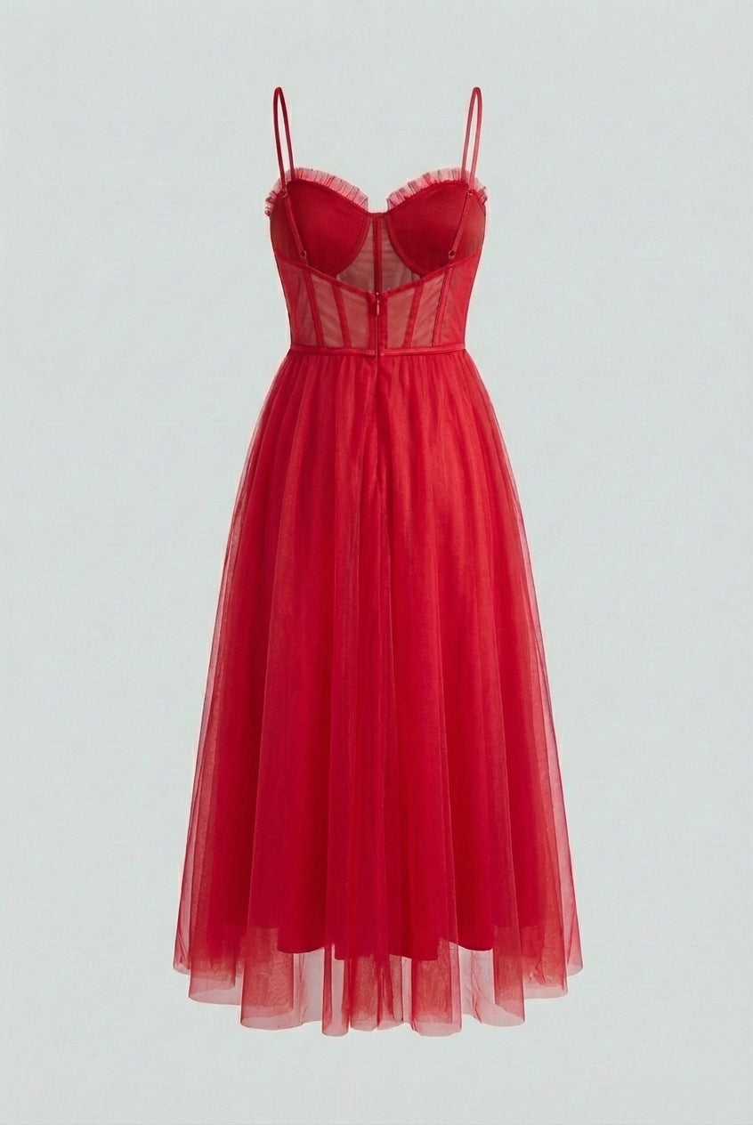 Red Victoria Lumina Wear elegant flowy A-line midi dress displayed on a hanger with soft fabric folds.